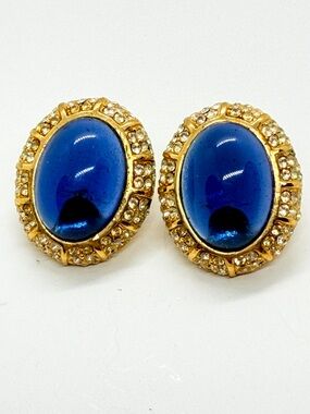 Ciner Signed Gold Tone Blue Sapphire Cabochon Clear Rhinestone Clip On Earrings